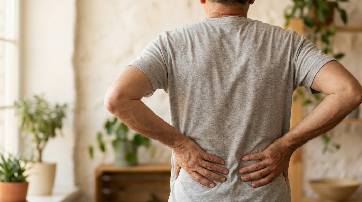 Person standing with both hands pressed against their lower back in discomfort